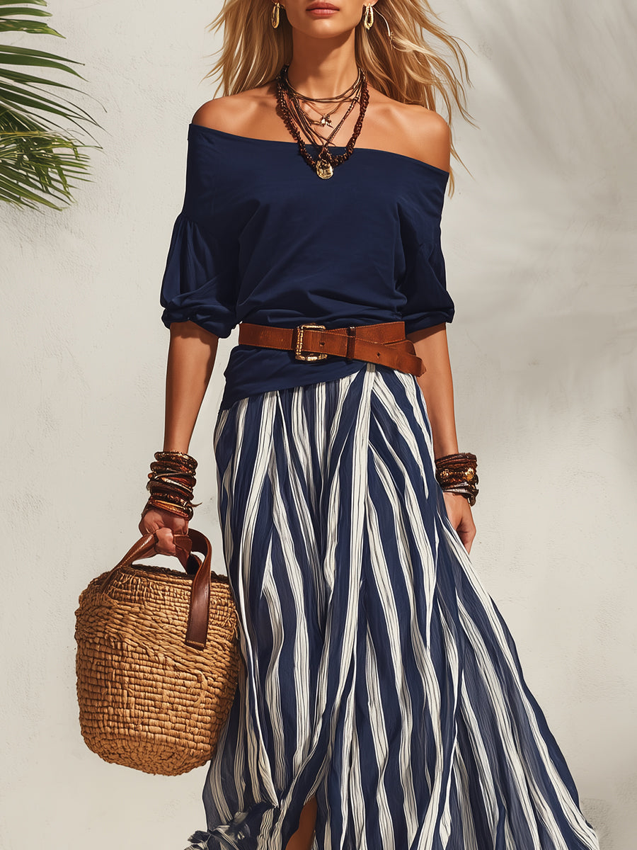 Nautical Vacation Style Off-Shoulder Top And Chiffon Slit Skirt Set