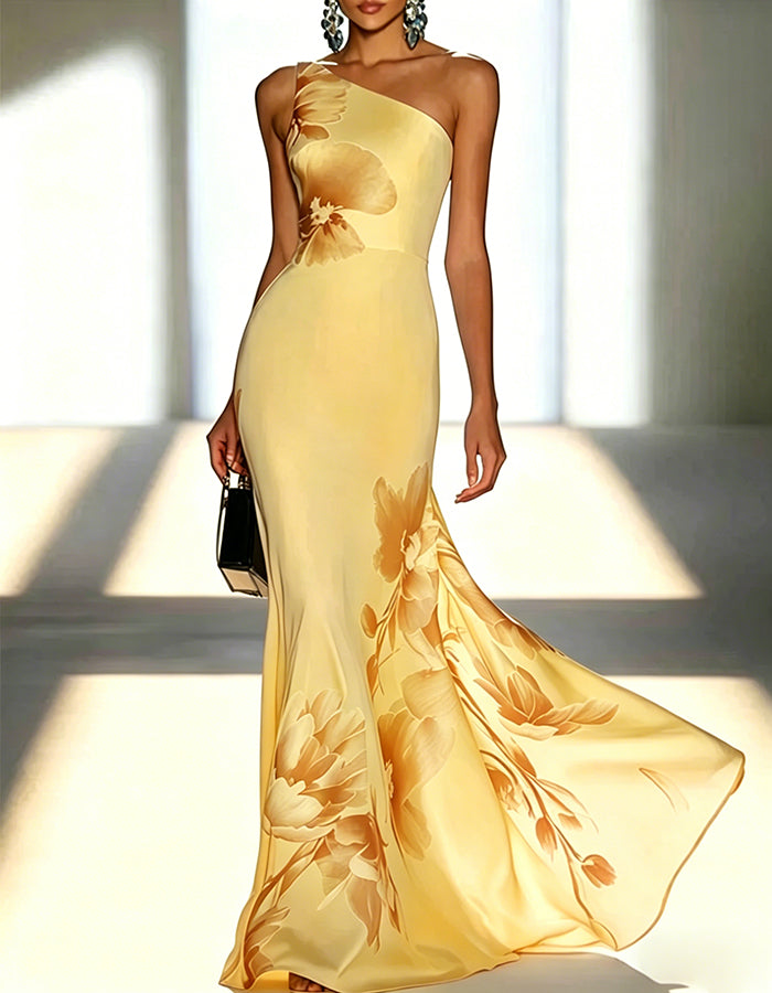 Satin Floral Off Shoulder Fishtail Maxi Dress