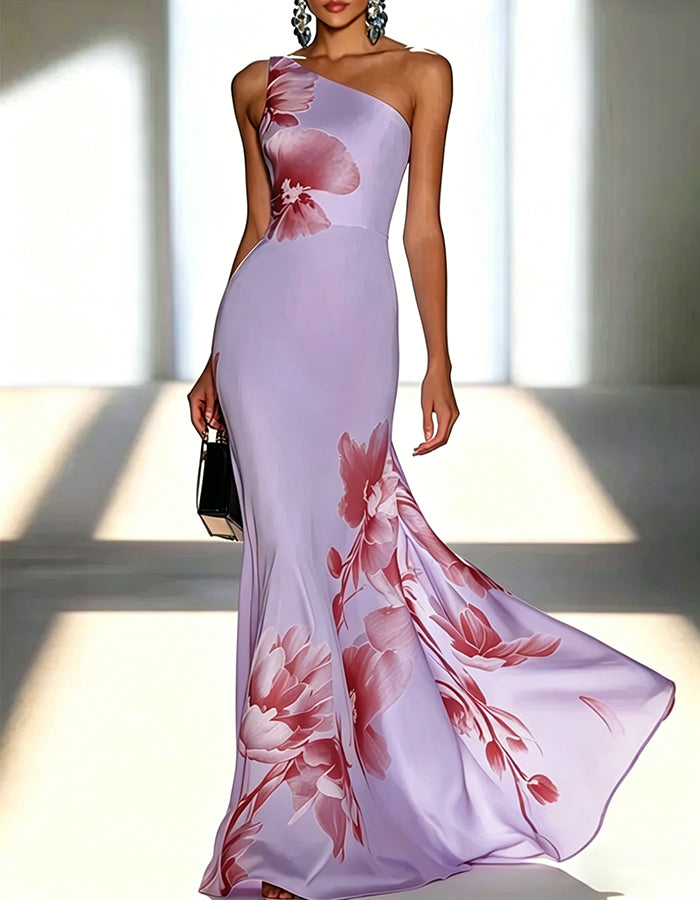 Satin Floral Off Shoulder Fishtail Maxi Dress