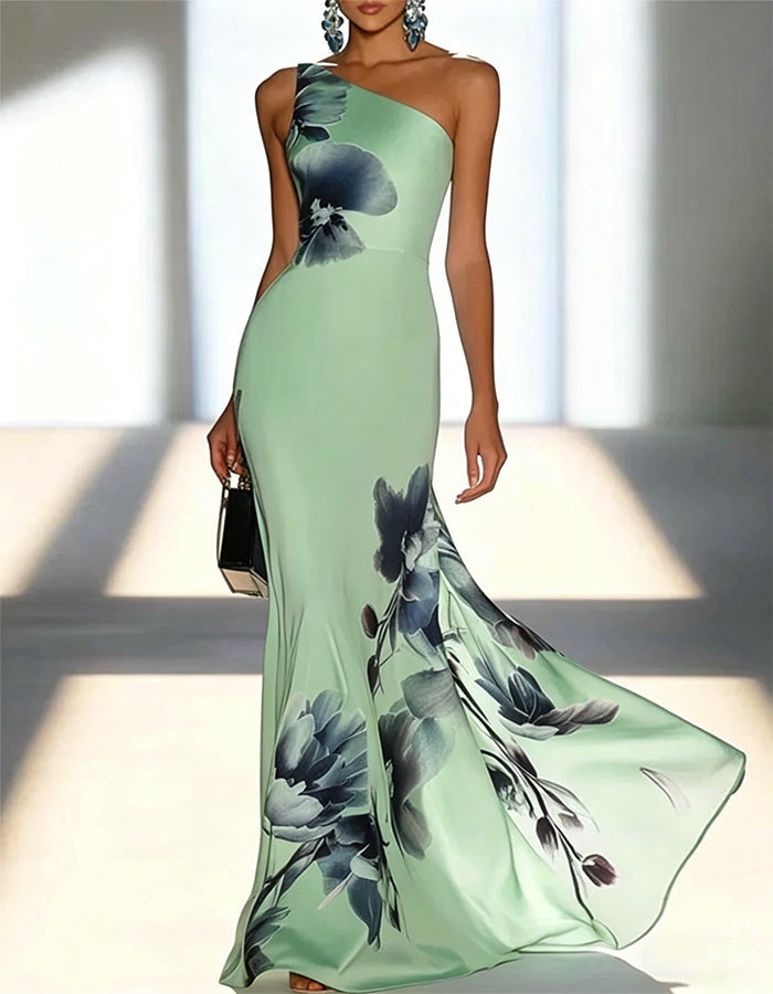 Satin Floral Off Shoulder Fishtail Maxi Dress