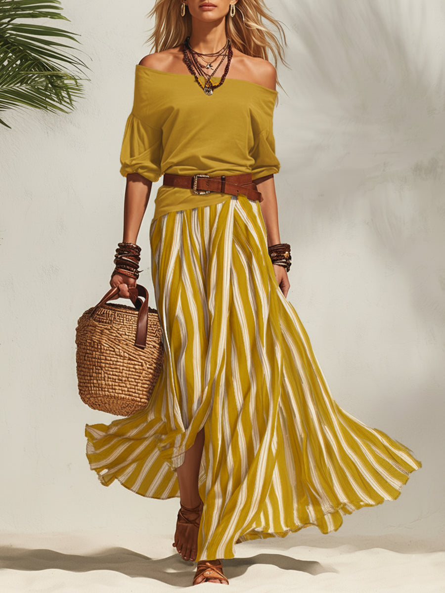 Nautical Vacation Style Off-Shoulder Top And Chiffon Slit Skirt Set