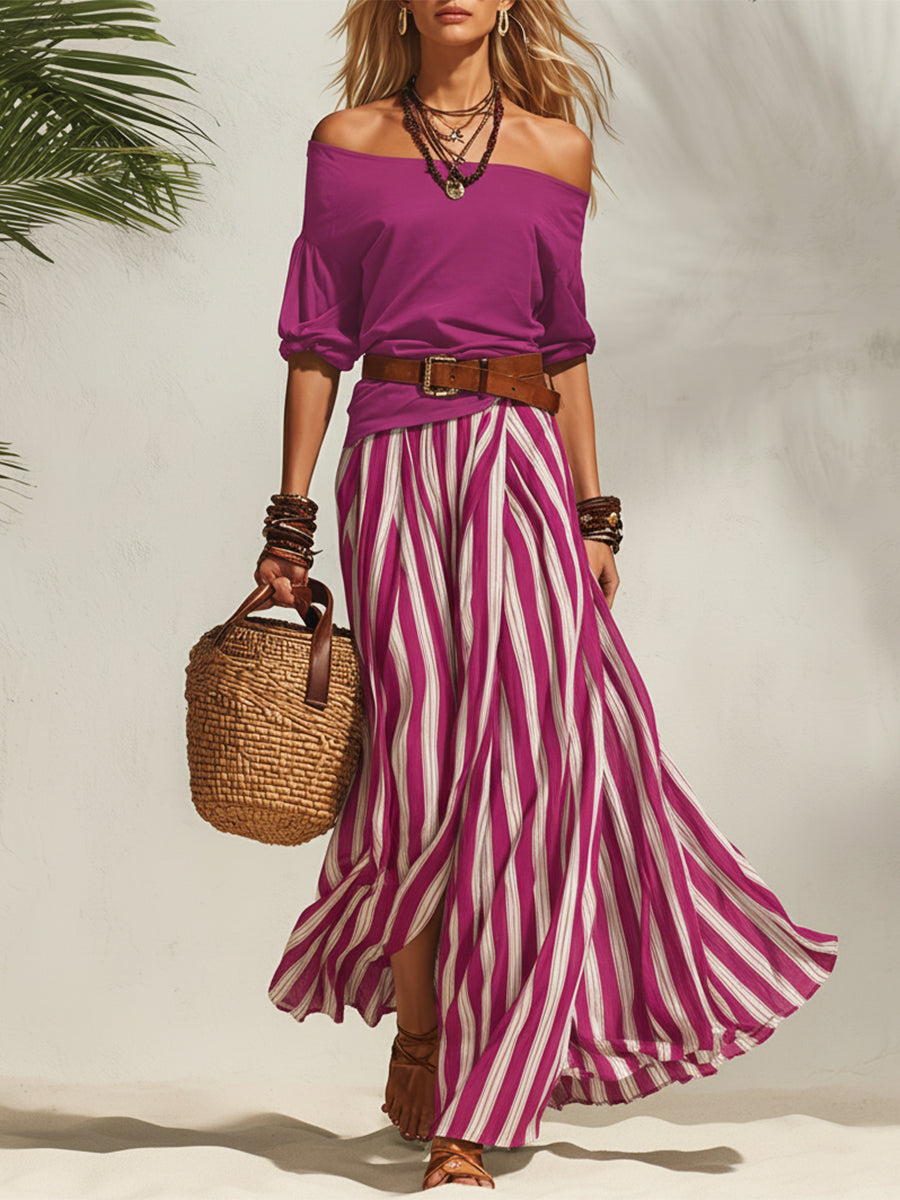 Nautical Vacation Style Off-Shoulder Top And Chiffon Slit Skirt Set