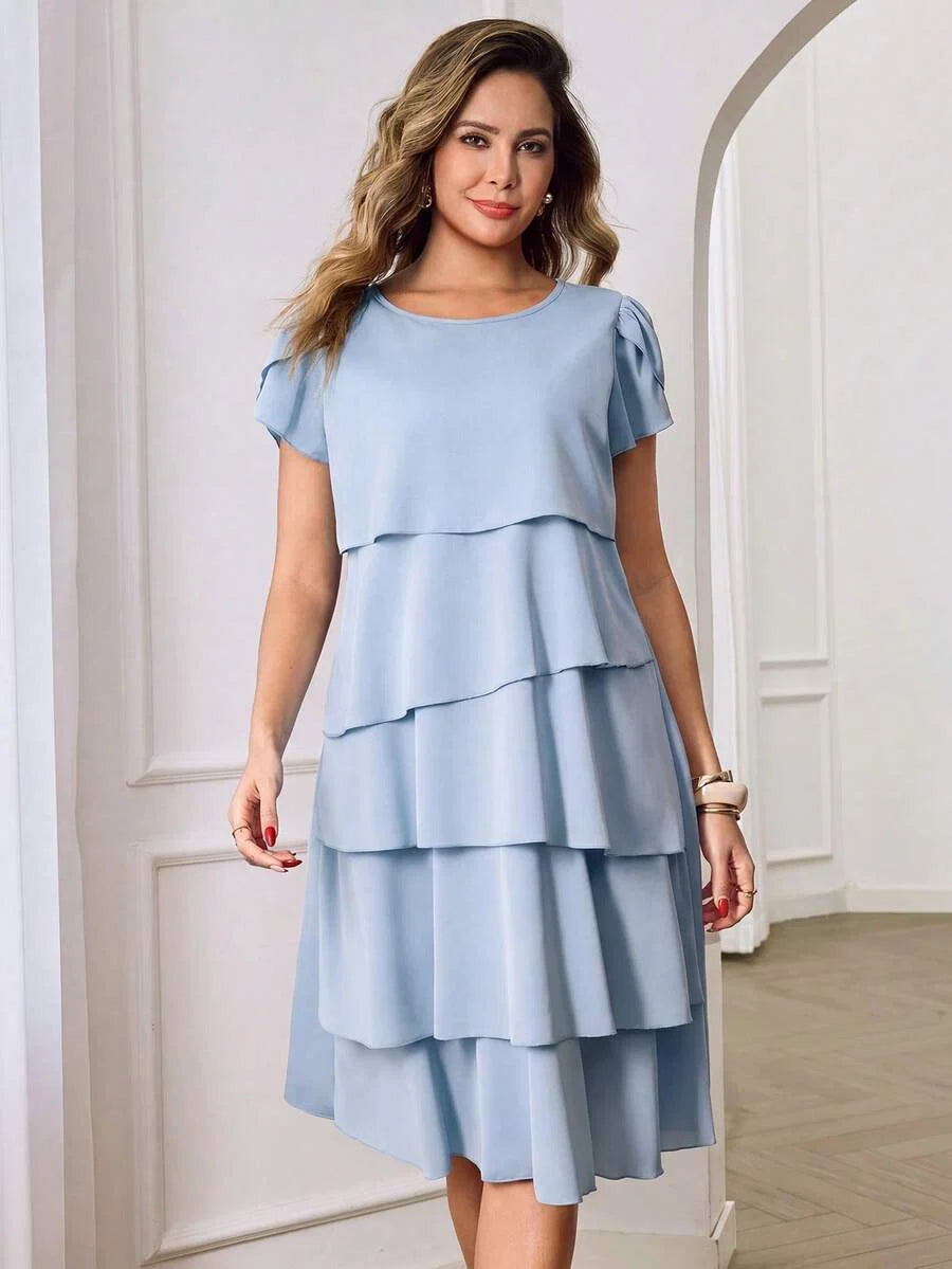 Beige Round Neck Petal Sleeve Midi Tea Dress with Layered Ruffle Hem