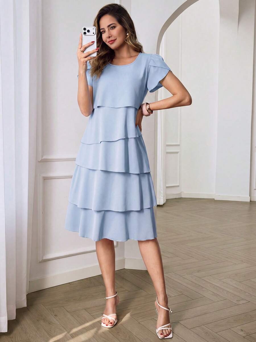 Beige Round Neck Petal Sleeve Midi Tea Dress with Layered Ruffle Hem