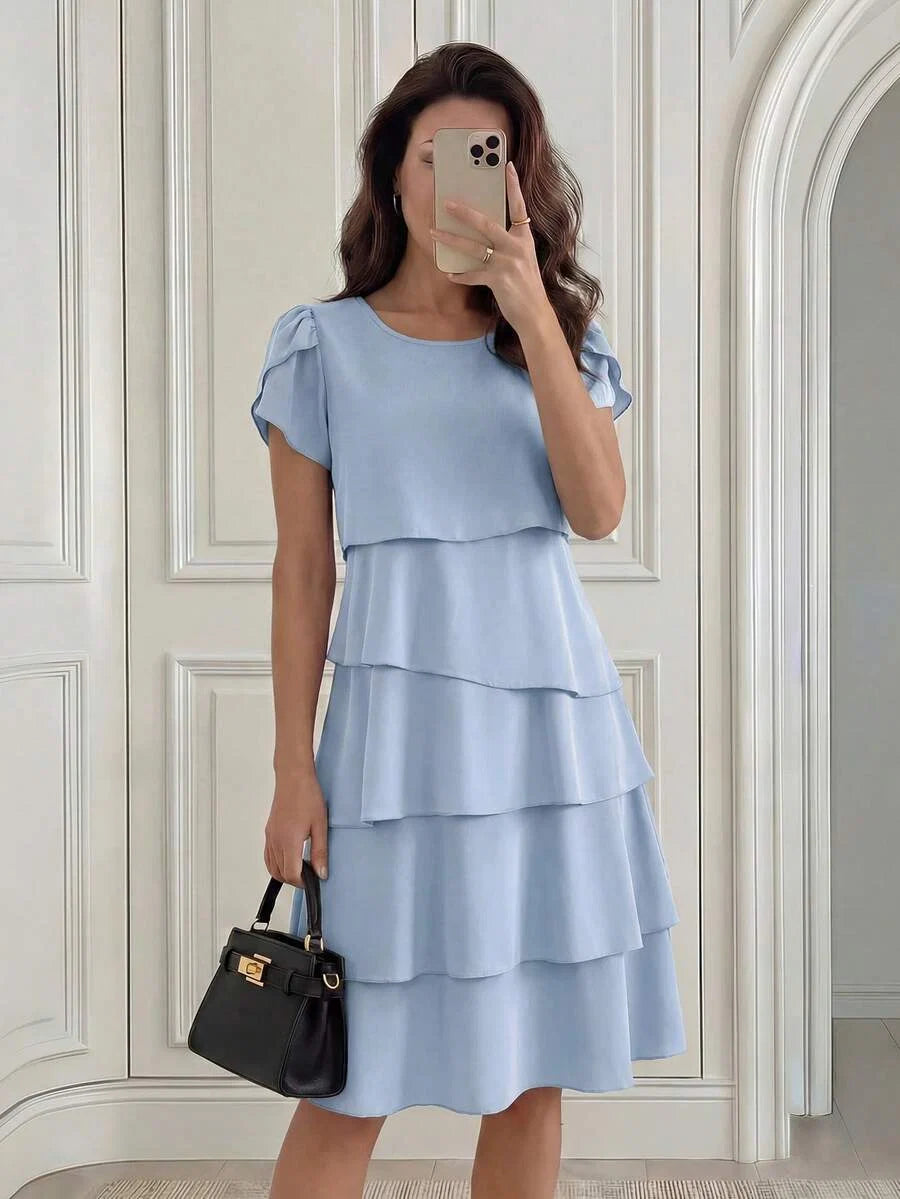 Beige Round Neck Petal Sleeve Midi Tea Dress with Layered Ruffle Hem