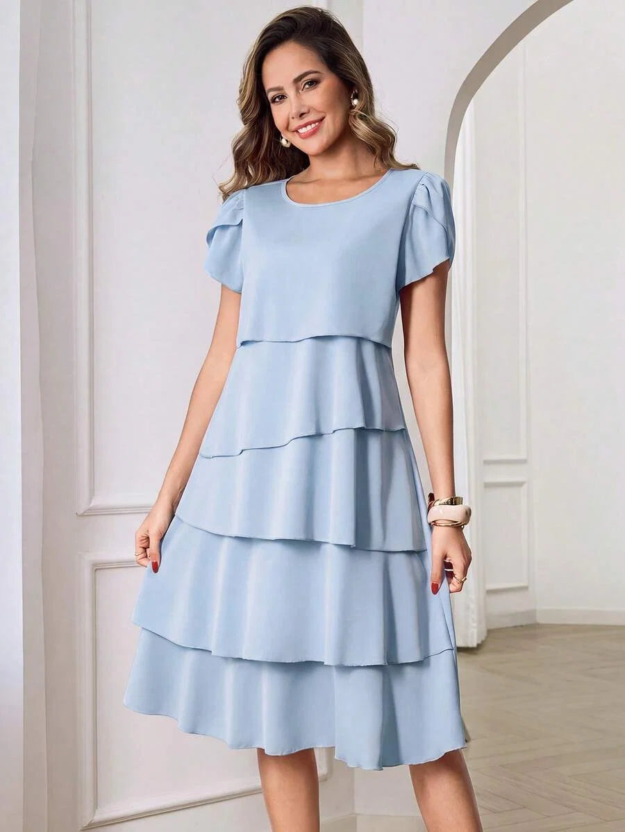 Beige Round Neck Petal Sleeve Midi Tea Dress with Layered Ruffle Hem