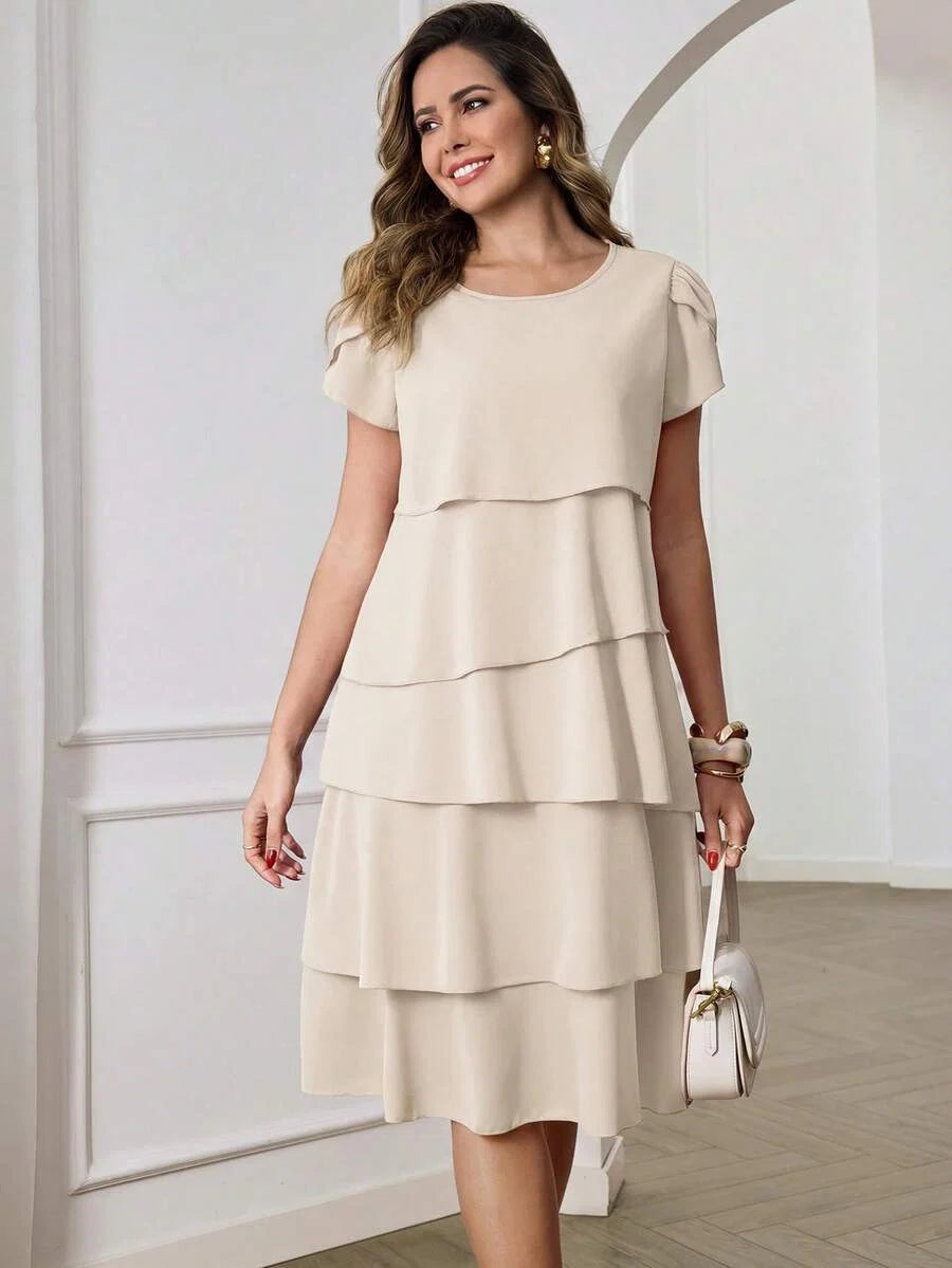Round Neck Petal Sleeve Midi Tea Dress with Layered Ruffle Hem