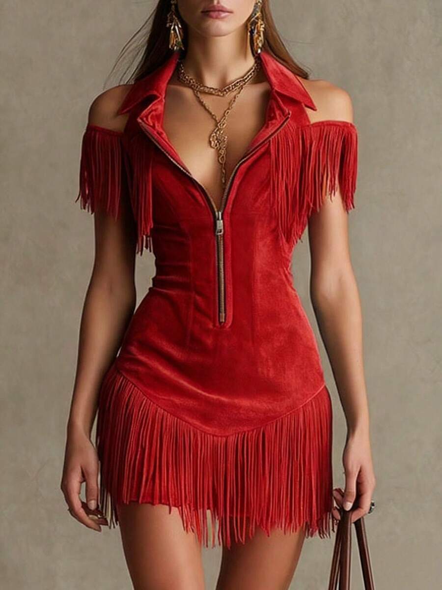 Western Fringe Shorts Jumpsuit, front view
