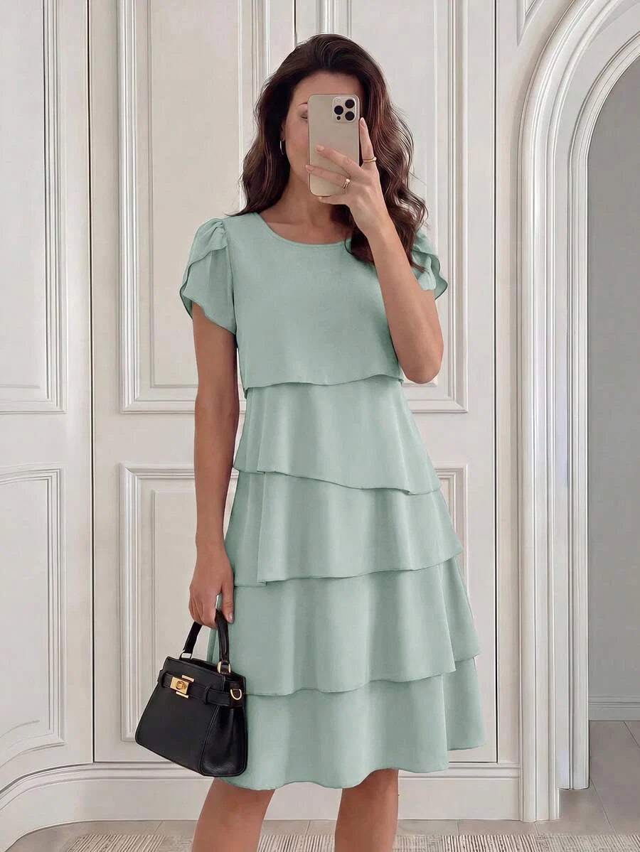Round Neck Petal Sleeve Midi Tea Dress with Layered Ruffle Hem