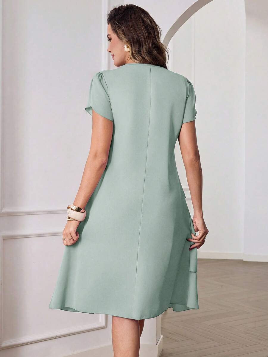 Round Neck Petal Sleeve Midi Tea Dress with Layered Ruffle Hem
