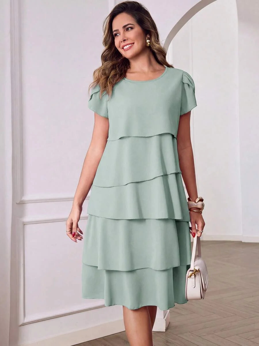 Round Neck Petal Sleeve Midi Tea Dress with Layered Ruffle Hem