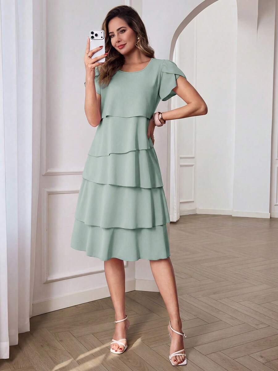 Round Neck Petal Sleeve Midi Tea Dress with Layered Ruffle Hem