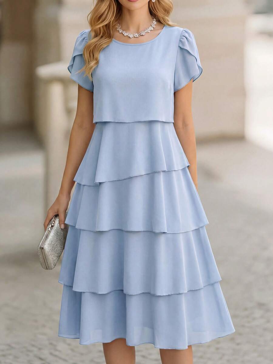 Beige Round Neck Petal Sleeve Midi Tea Dress with Layered Ruffle Hem