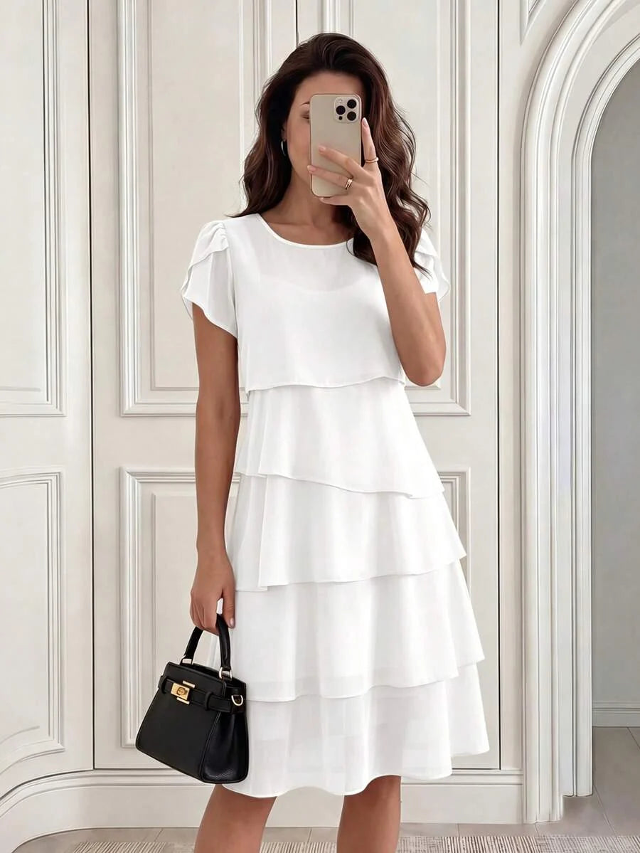 Round Neck Petal Sleeve Midi Tea Dress with Layered Ruffle Hem