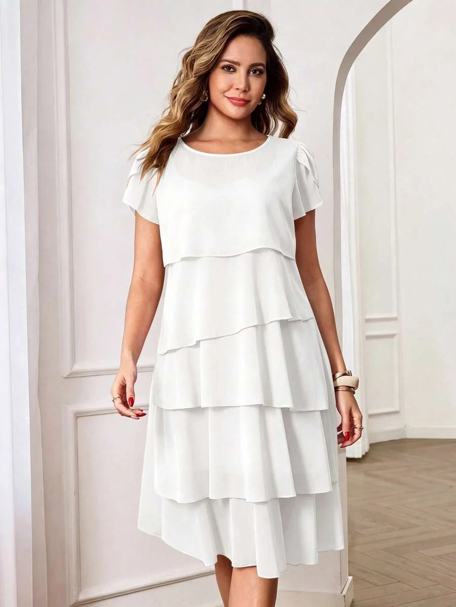 Round Neck Petal Sleeve Midi Tea Dress with Layered Ruffle Hem
