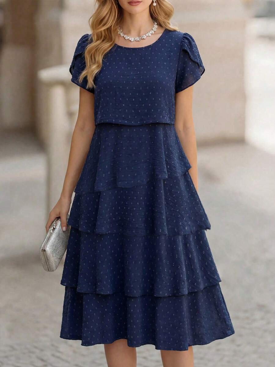 Beige Round Neck Petal Sleeve Midi Tea Dress with Layered Ruffle Hem