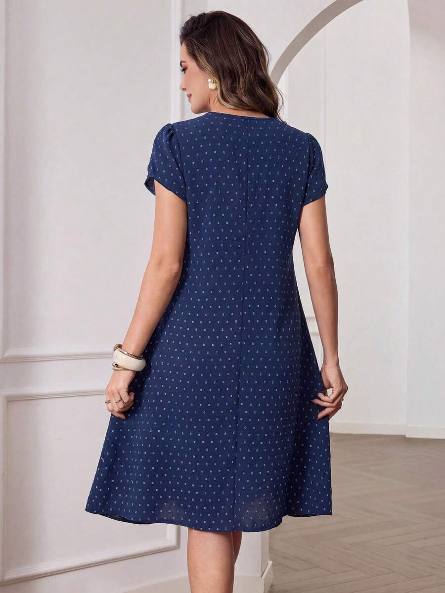 Beige Round Neck Petal Sleeve Midi Tea Dress with Layered Ruffle Hem