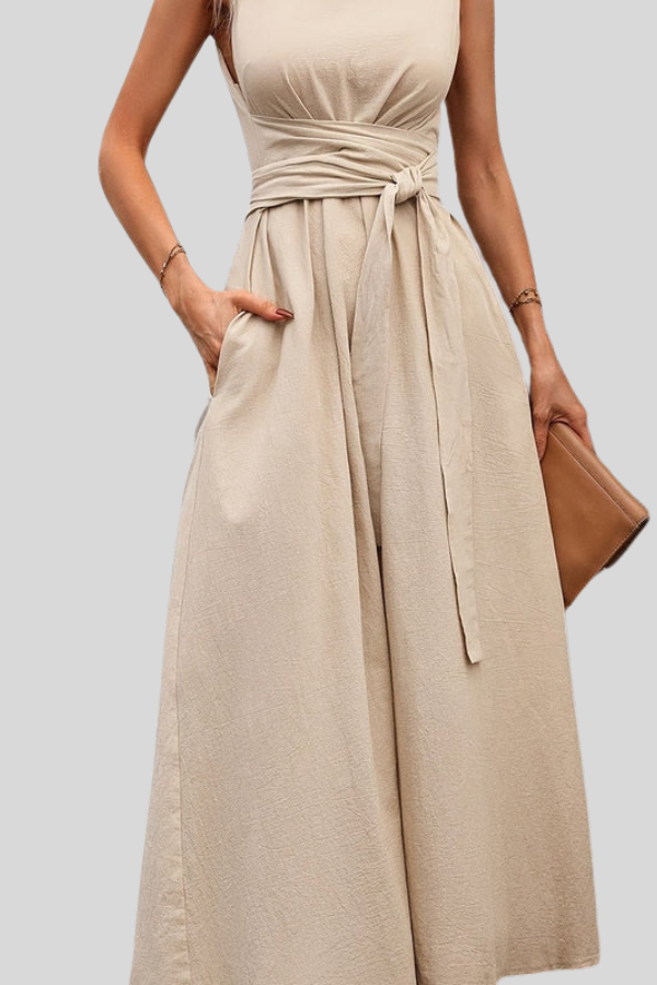 Casual Pleated Square-Neck Midi Dress