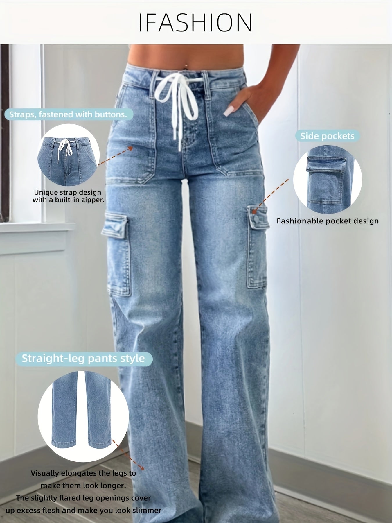 High-Waist Drawstring Cargo Jeans