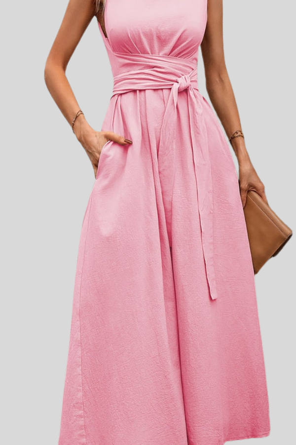 Casual Pleated Square-Neck Midi Dress