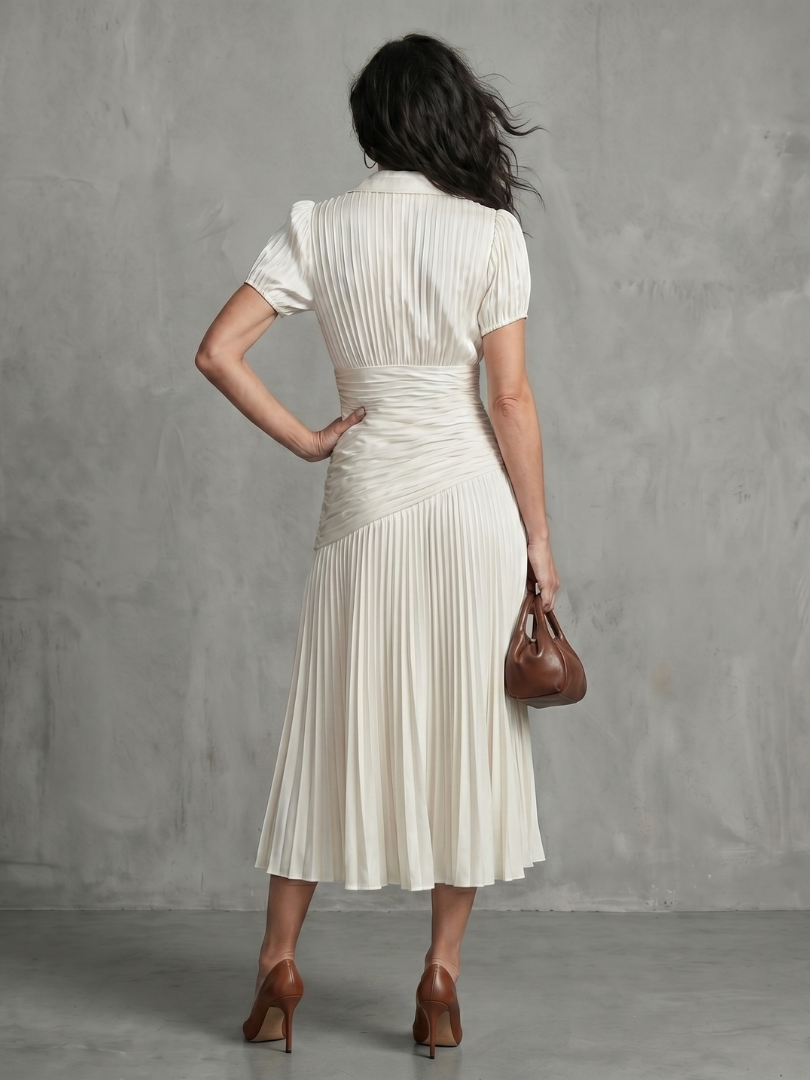 Theodora - Pleated Waistline Stripe Midi Dress