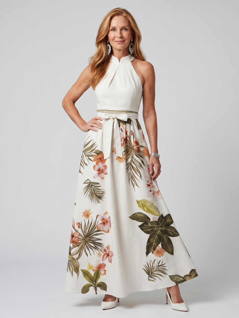 Meadow - Draped Halter Botanical Panel Maxi Dress