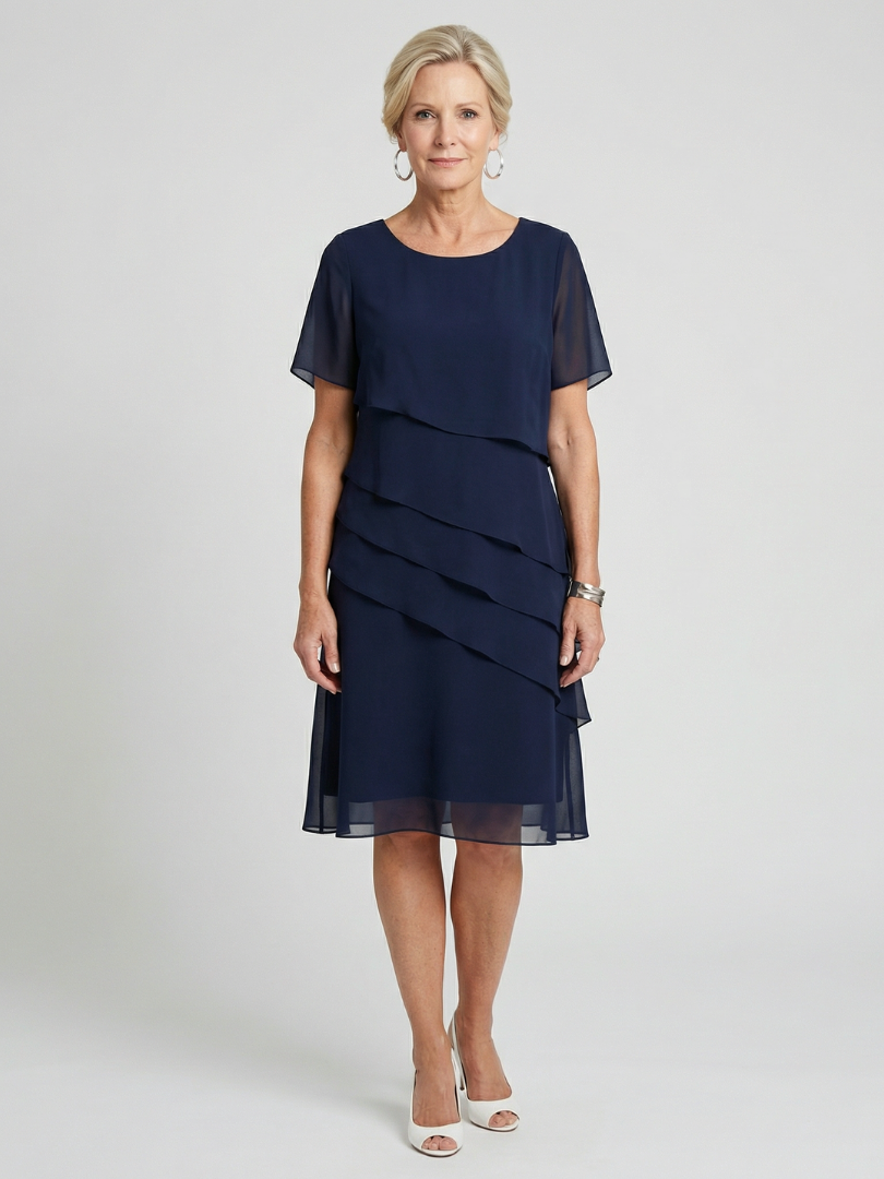 Classic Tiered Chiffon Midi Dress with Short Sleeves