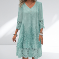 Lace Trim Embroidered Boho Dress Three Quarter Sleeve