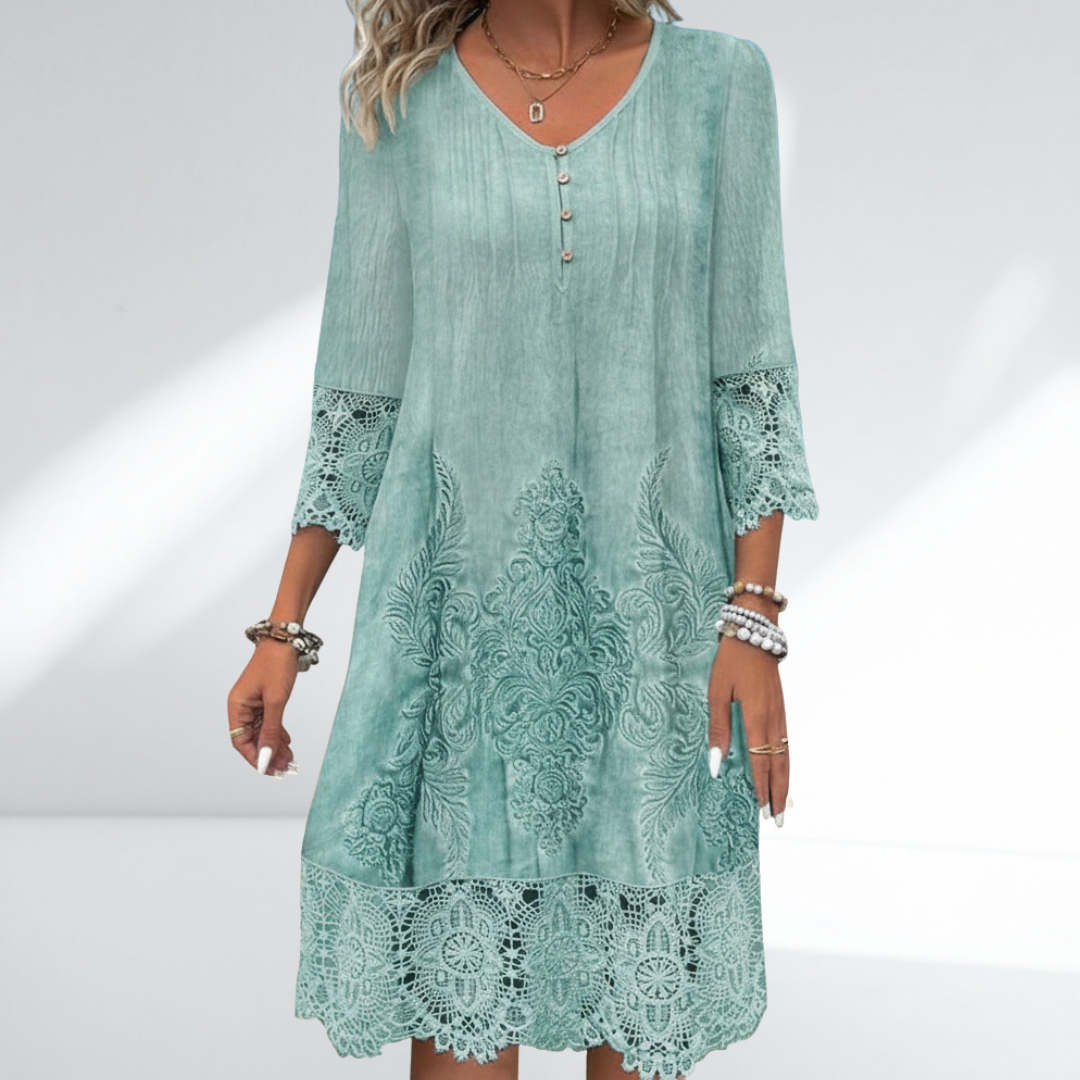 Lace Trim Embroidered Boho Dress Three Quarter Sleeve