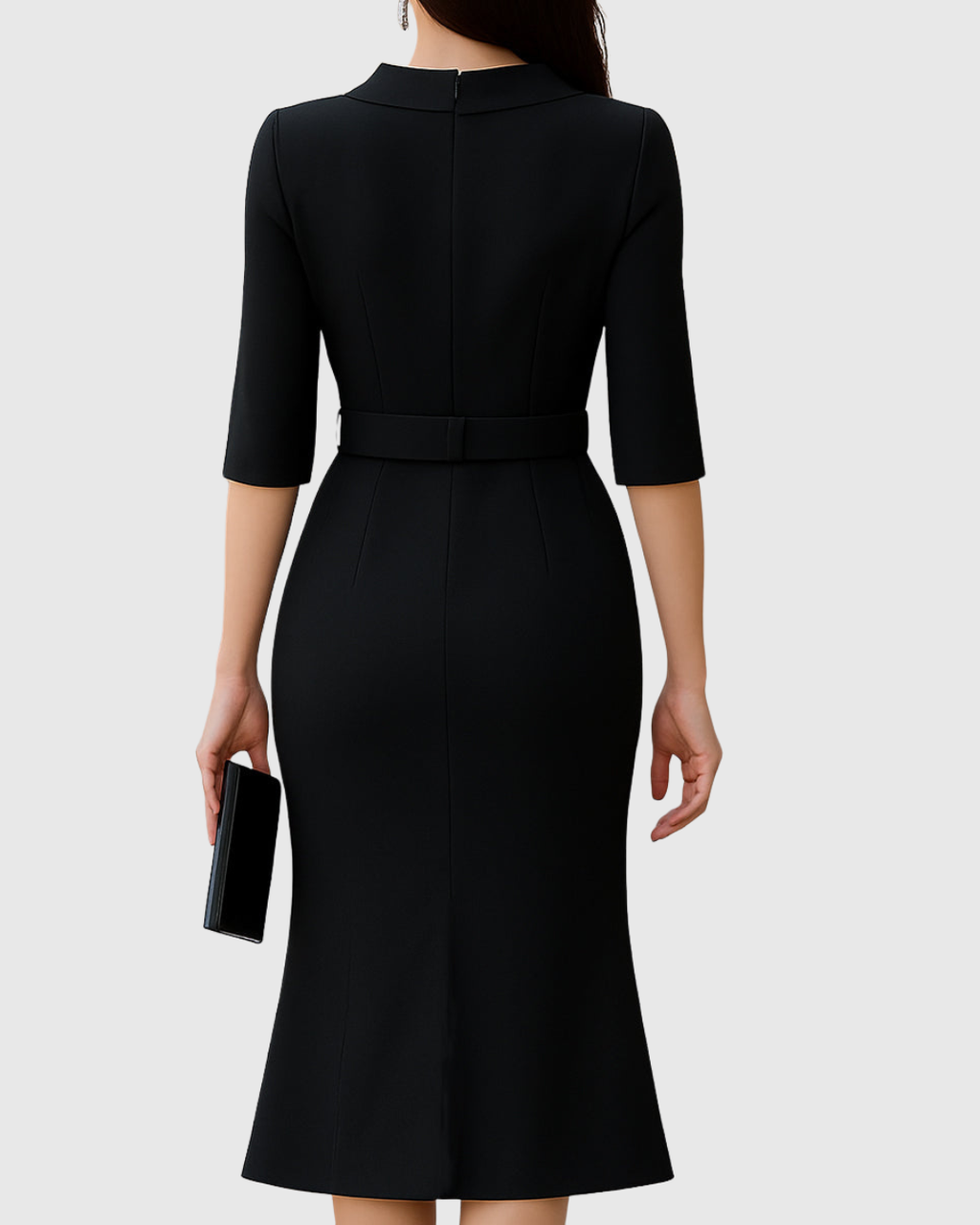 Belted High-Neck Black Midi Dress