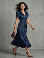 Theodora - Pleated Waistline Stripe Midi Dress