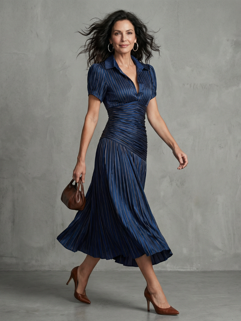 Theodora - Pleated Waistline Stripe Midi Dress