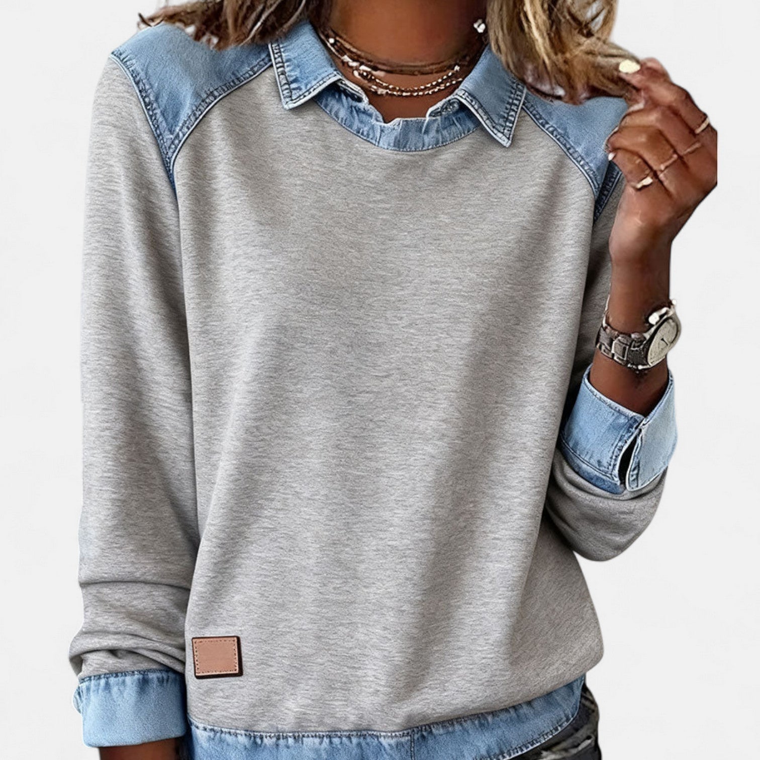 Gray denim-collar long-sleeve knit sweater with contrast denim collar and cuffs