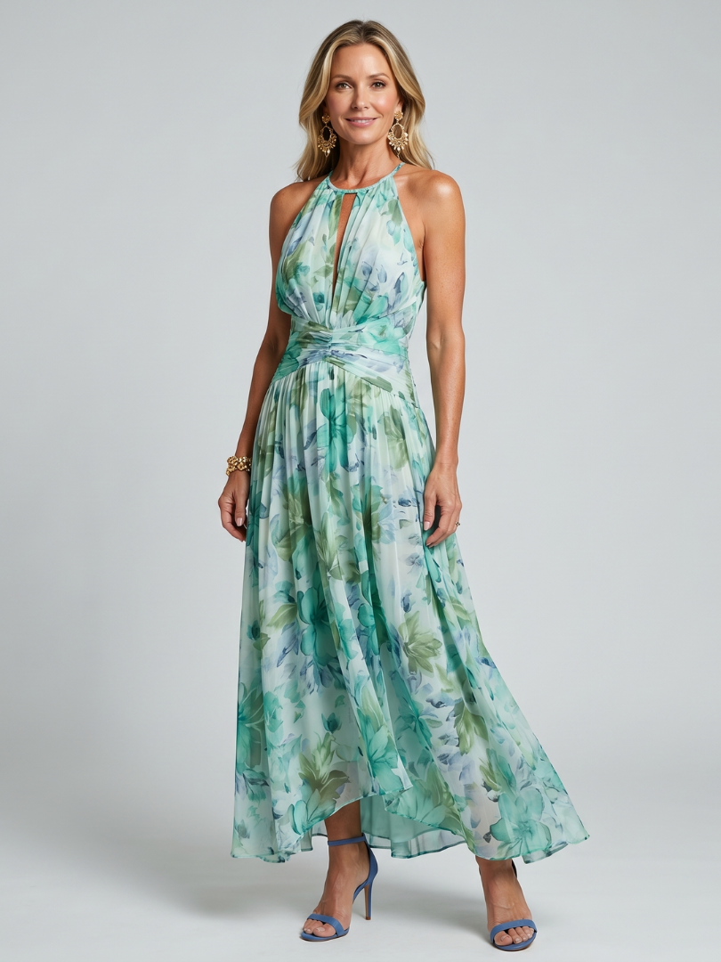 Portia - Pleated Halter Soft Floral Pattern Midi Dress