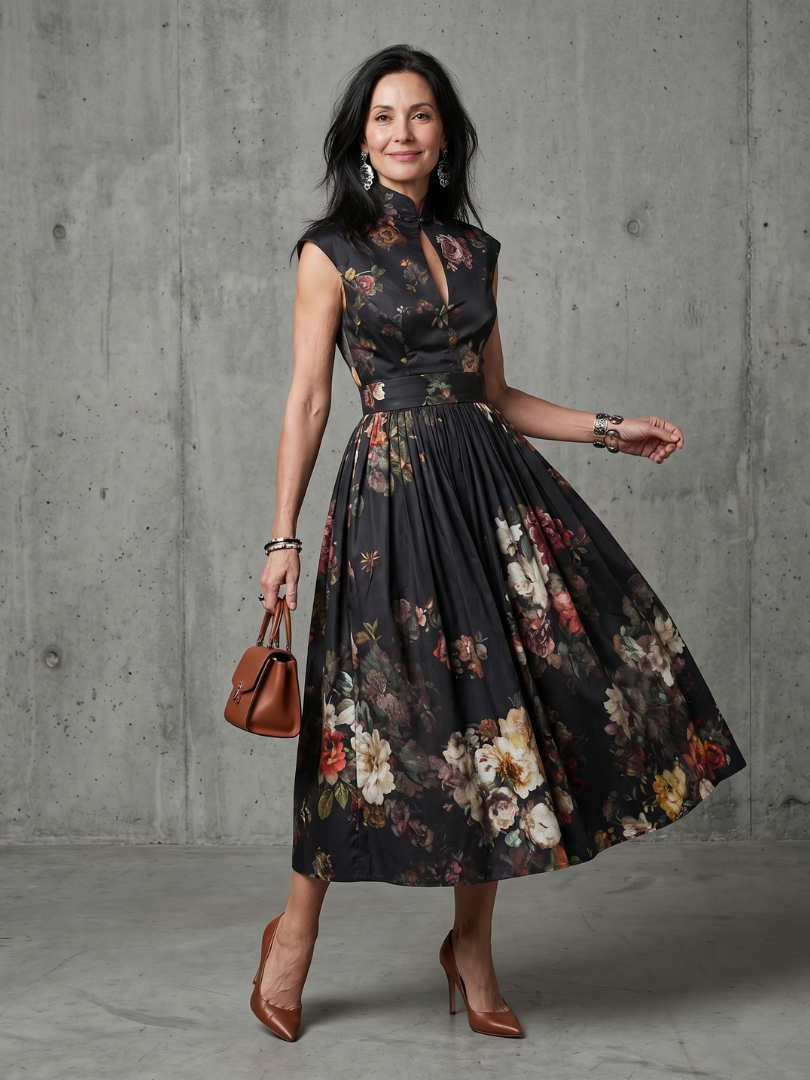 Greta - High Neck Keyhole Floral Pleated Midi Dress