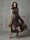 Greta - High Neck Keyhole Floral Pleated Midi Dress