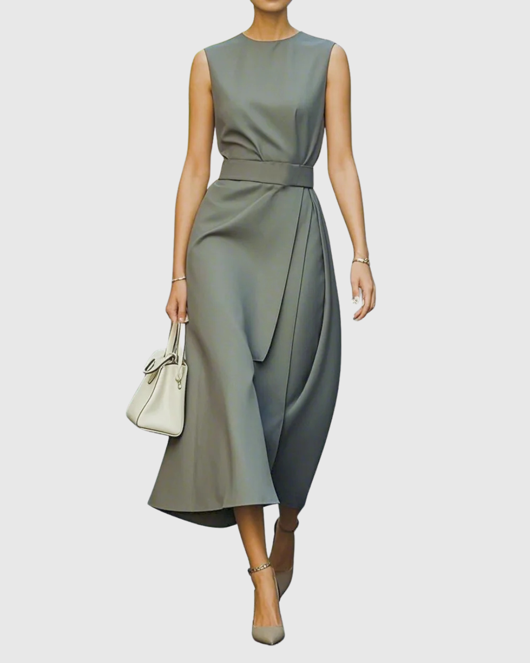 Dark Brown Round Neck Sleeveless Draped Midi Dress