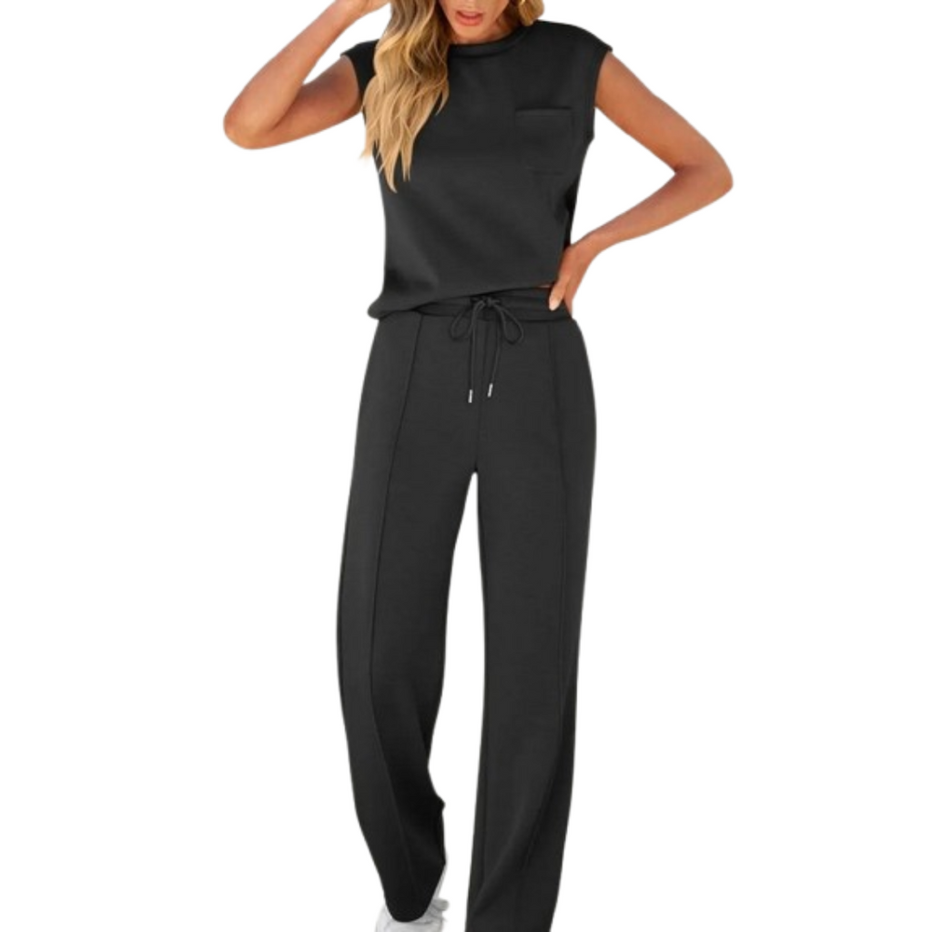 Black sleeveless round-neck top and trousers co-ord set, front view