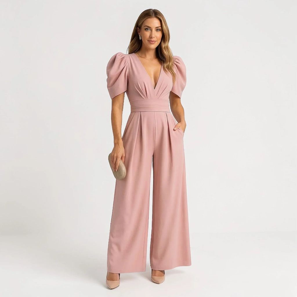 Peach wide leg puff sleeve tailored jumpsuit front view - Senselle