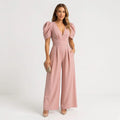 Peach wide leg puff sleeve tailored jumpsuit front view - Senselle