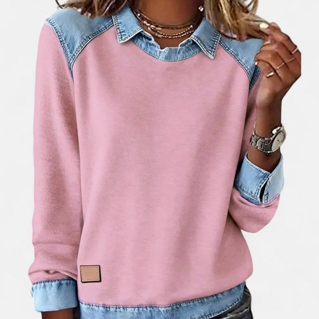 Pink denim-collar long-sleeve knit sweater with contrast denim collar and cuffs