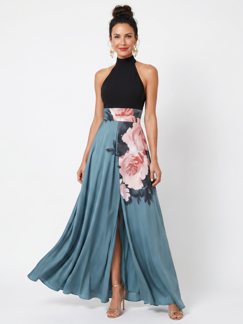 Olympas - Halter Bodice Floral Skirt Maxi Dress