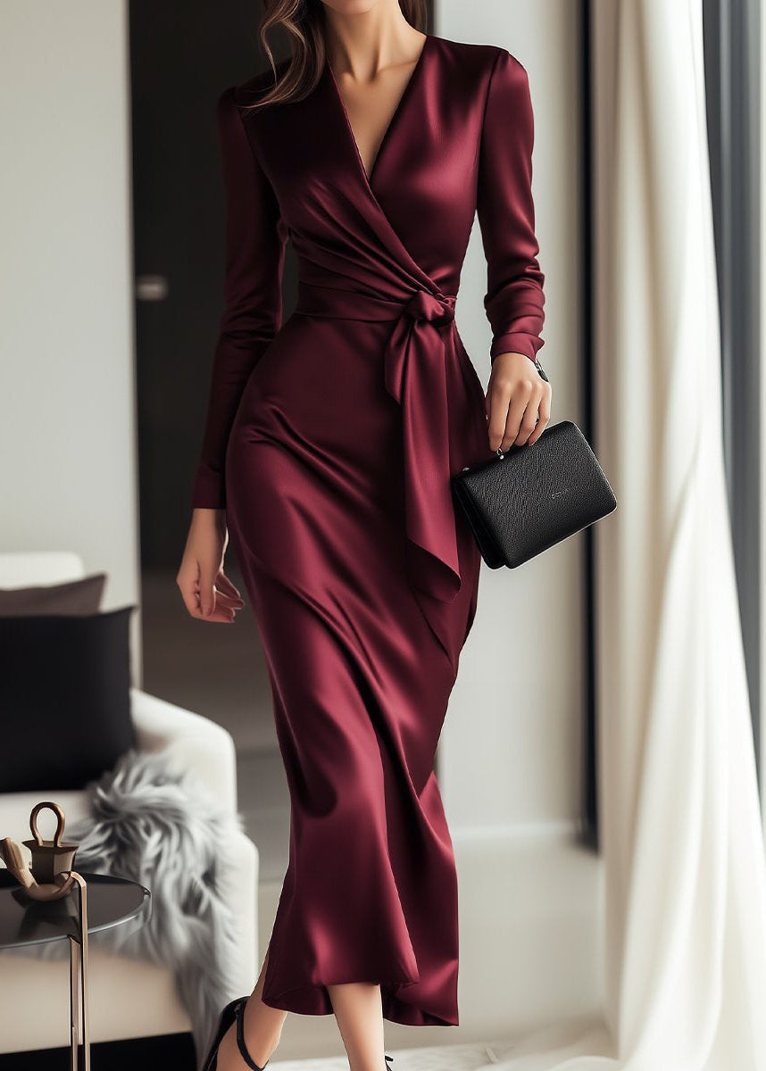Long Sleeve Satin Wrap Dress Waist Tie