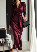 Long Sleeve Satin Wrap Dress Waist Tie