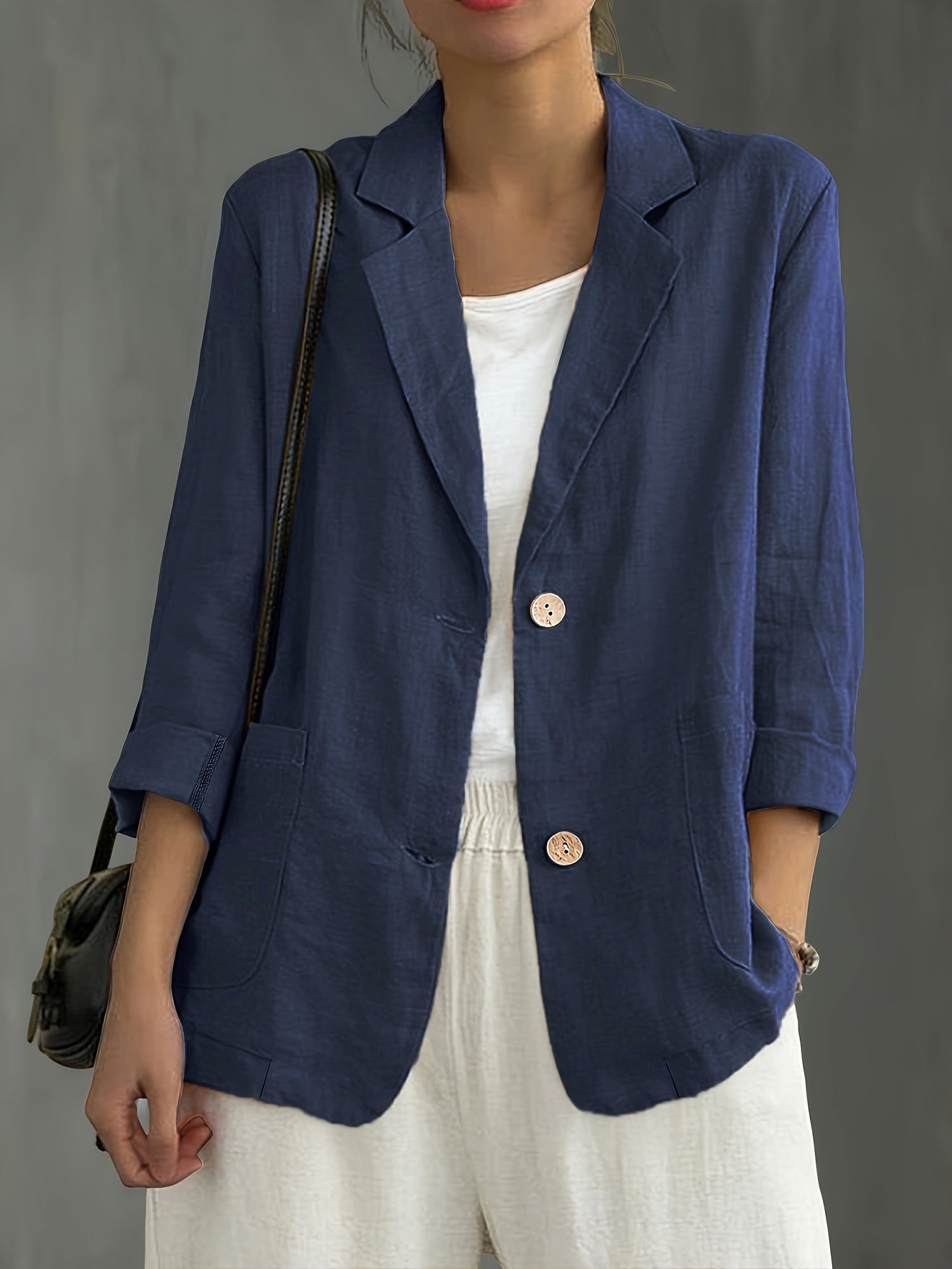 Navy Classic Linen Blazer, front view