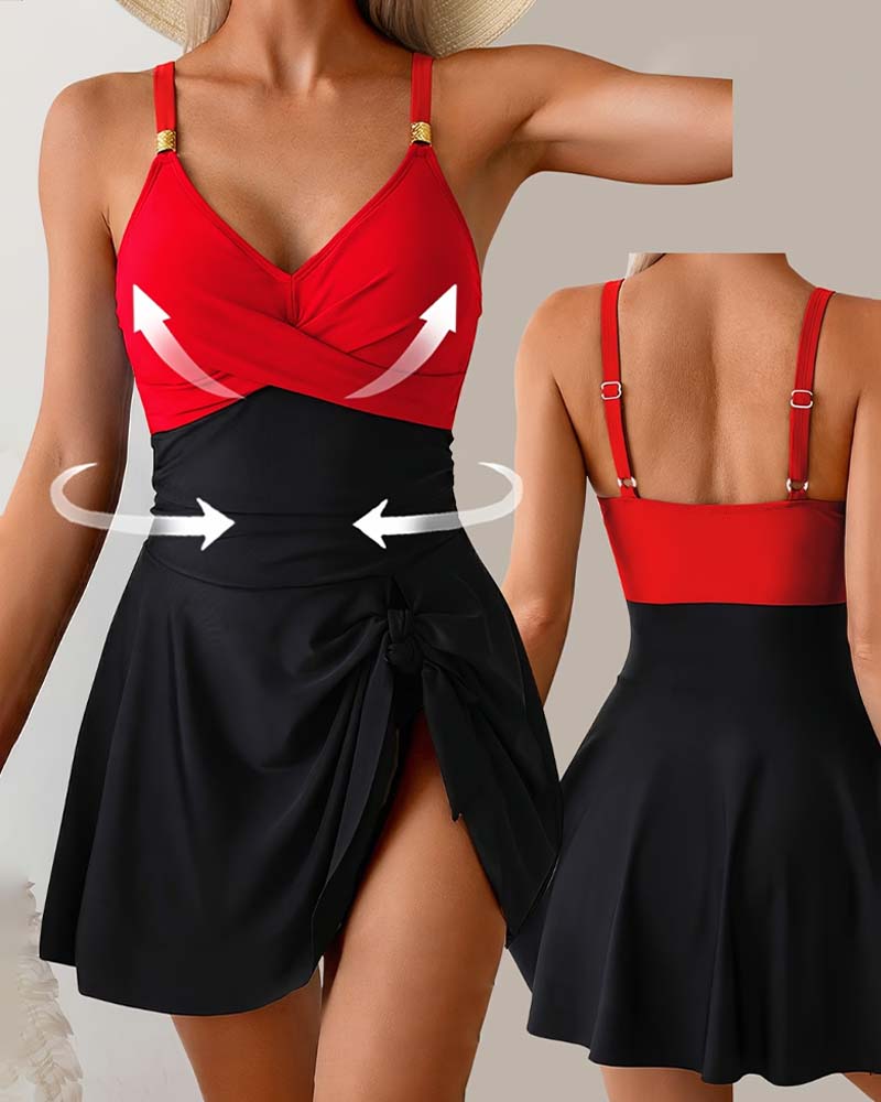 Red spaghetti strap swimsuit, full length view