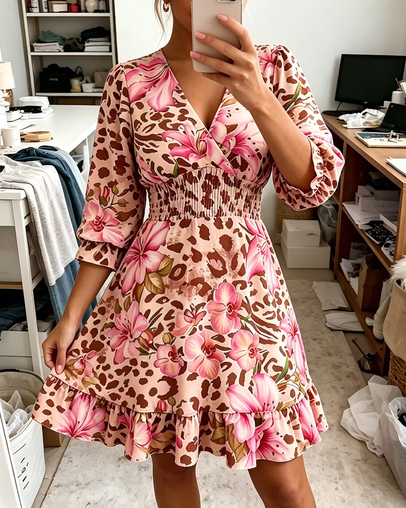 V-Neck Floral Print Waist-Cinching Bubble Sleeve Dress