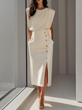White Solid Midi Dress with Button Slit, front view
