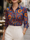 Blue Flower Print Lapel Blouse