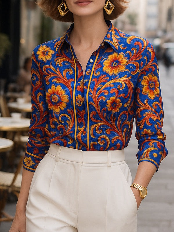 Blue Flower Print Lapel Blouse